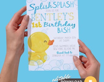 May include: A blue and yellow printable invitation for a 1st birthday party. The invitation features a cartoon rubber ducky with bubbles and the text "Splish Splash Bentley's 1st Birthday Bash".
