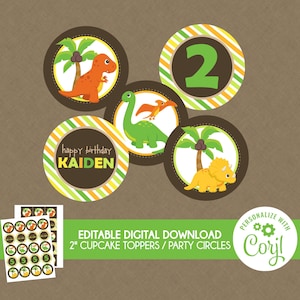 Dinosaur Birthday Cupcake Toppers / Party Circles - EDITABLE INSTANT DOWNLOAD - Dinosaur Birthday Cupcake Tops, Dinosaur Party Decorations
