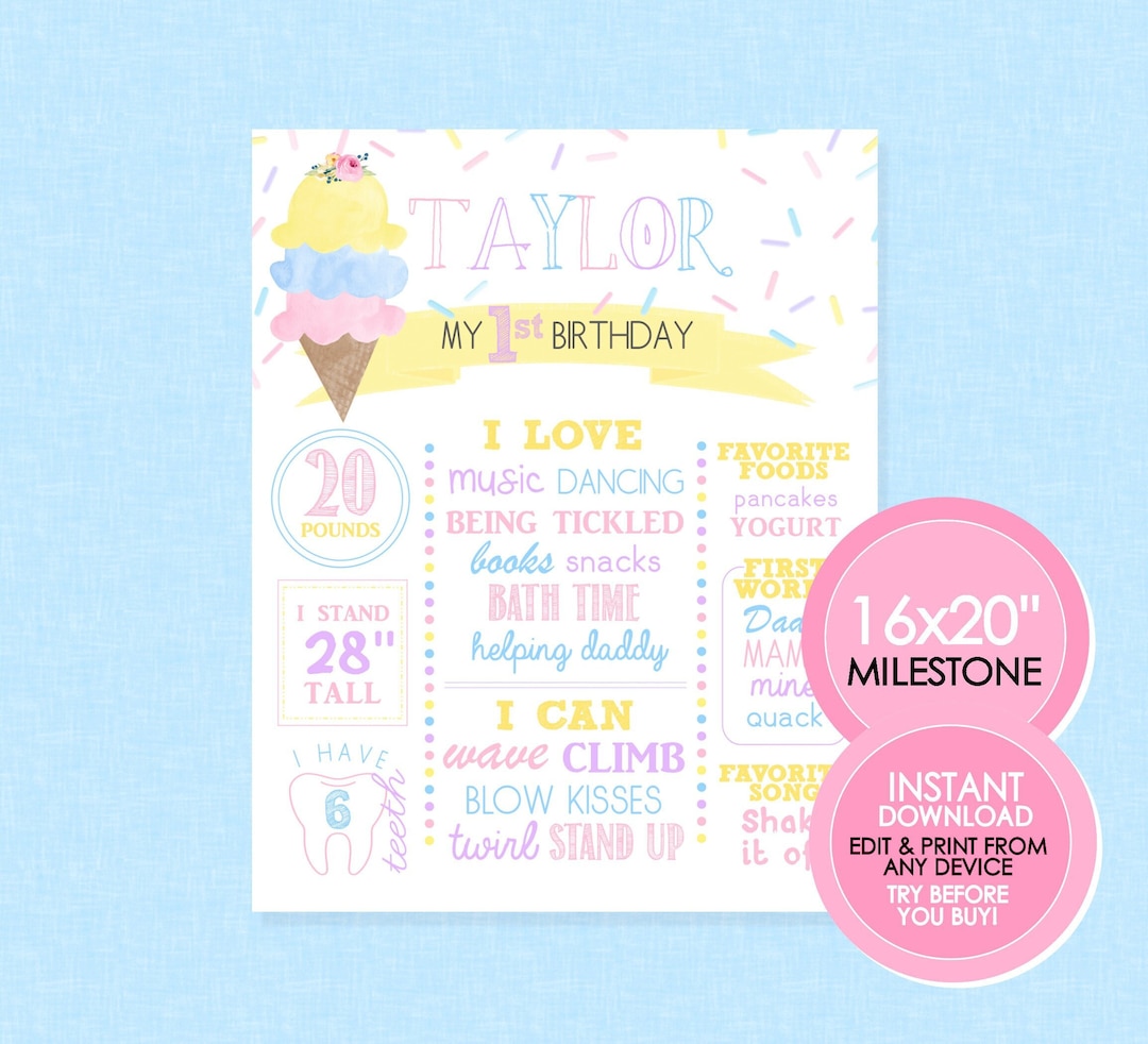 Ice Cream Birthday Milestone Sign EDITABLE INSTANT DOWNLOAD Ice Cream
