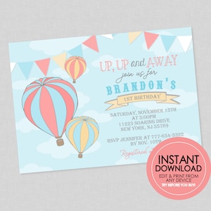 Hot Air Balloon Birthday Invitation - EDITABLE INSTANT DOWNLOAD - Balloon Birthday, Vintage Hot Air Balloon Invite, Up Up & Away, Boy, Girl