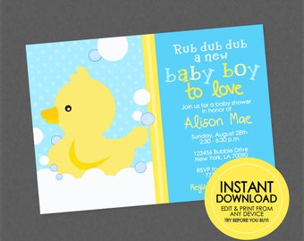 Rubber Duckie Baby Shower Invitation - Edit & Print From Any Device, Duck Baby Shower Invitations, Ducky, Rub Dub Dub