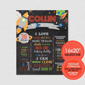 Outer Space Milestone Chalkboard - EDITABLE INSTANT DOWNLOAD - Space Birthday, Birthday Chalkboard Sign, Rocket Birthday, Chalkboard Poster