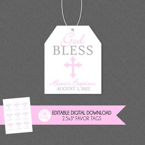 Etiqueta de lembrancinha "Deus abençoe" - DOWNLOAD INSTANTÂNEO EDITÁVEL - Batismo, Primeira Comunhão, Confirmação, Batizado, Etiquetas de lembrancinha personalizadas, Rosa, Menina