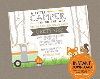 RV Camper Baby Shower Invitation- INSTANT DOWNLOAD - Edit & Print, Woodland, Forest Animals, Little Camper, Fox, Woodland, Rv Camper