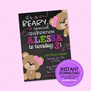 Girl Teddy Bear Birthday Invitation - EDITABLE INSTANT DOWNLOAD - Teddy Bear Birthday, Teddy Bear Party Invites, Great For Build A Bear