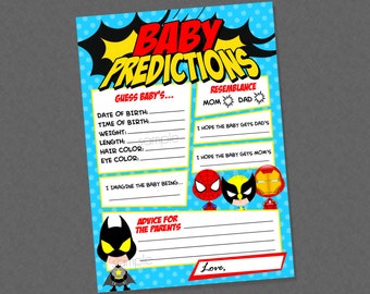 Puede incluir: Una tarjeta de juego de baby shower imprimible azul y roja con el texto "Baby Predictions". La tarjeta tiene una lista de preguntas para que los invitados adivinen sobre el bebé, incluyendo la fecha de nacimiento, la hora de nacimiento, el peso, la longitud, el color del cabello, el color de los ojos y el parecido con mamá o papá. La tarjeta también incluye una sección para que los invitados escriban consejos para los padres. La tarjeta presenta imágenes de dibujos animados de superhéroes, incluyendo Spiderman, Wolverine y Iron Man.