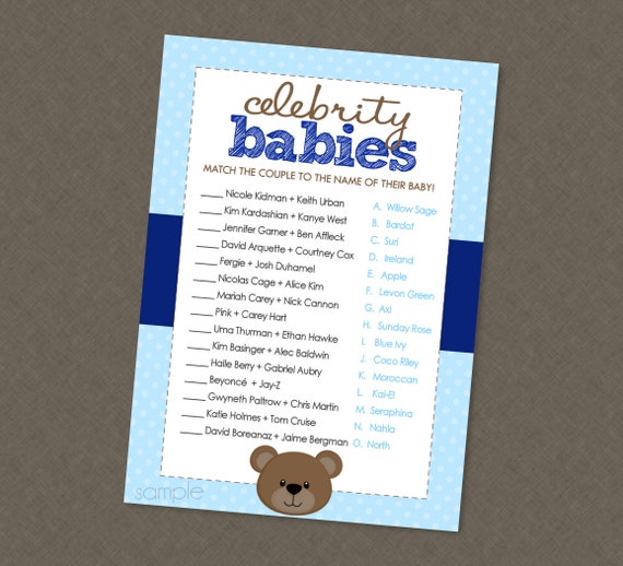 Teddy Bear Celebrity Babies Shower Game INSTANT DOWNLOAD Bear