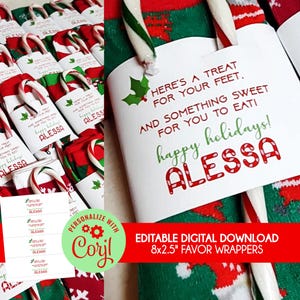 May include: A collection of Christmas-themed gift tags with candy canes. The tags are white with red and green text that reads "Here's a treat for your feet and something sweet for you to eat! Happy holidays!" and the name "Alessa".
