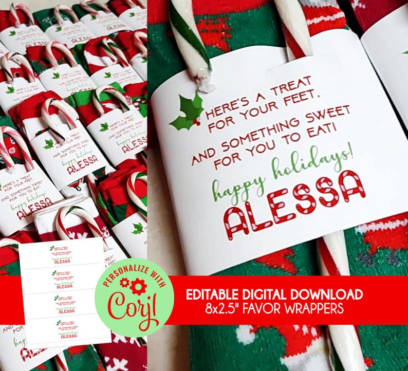 May include: A collection of Christmas-themed gift tags with candy canes. The tags are white with red and green text that reads "Here's a treat for your feet and something sweet for you to eat! Happy holidays!" and the name "Alessa".
