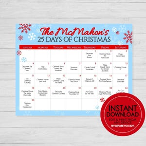 25 Days of Christmas Activity Calendar - EDITABLE INSTANT DOWNLOAD - Christmas Activities, 25 Days of Christmas, Kids Christmas, Advent