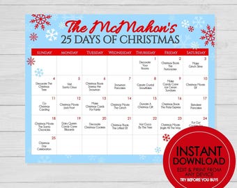 May include: A light blue Christmas calendar with red text and snowflake accents. The calendar is titled "The McMahon's 25 Days of Christmas" and includes daily activities like "Decorate the Christmas Tree" and "Make Grinch Slime."