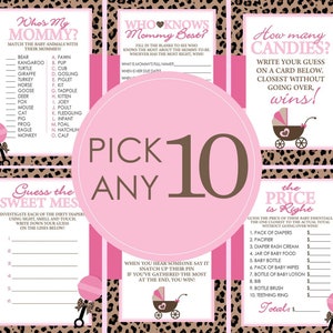 Leopard Baby Shower Games - PICK ANY 10 - 30 Games To Choose From - Leopard Baby Shower, Leopard, Pink, Game, Cheetah, Guess Who