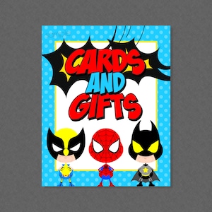 Placa para festa com cartões e presentes de super-heróis - DOWNLOAD INSTANTÂNEO - Chá de bebê de super-heróis, placas para festa de super-heróis, placas para cartões e presentes de super-heróis