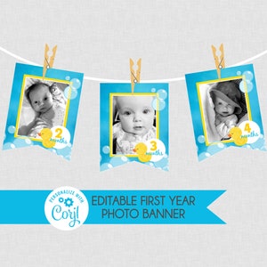 Rubber Duck 1st Birthday Monthly Photo Banner - EDITABLE INSTANT DOWNLOAD - Milestone Banner, First Year Photo Banner, Ducky, Picture Banner