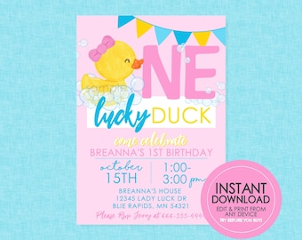 May include: Pink and blue birthday invitation with a yellow rubber ducky in a bubble bath. The invitation says "One Lucky Duck" and includes the details for Breanna's 1st birthday party.