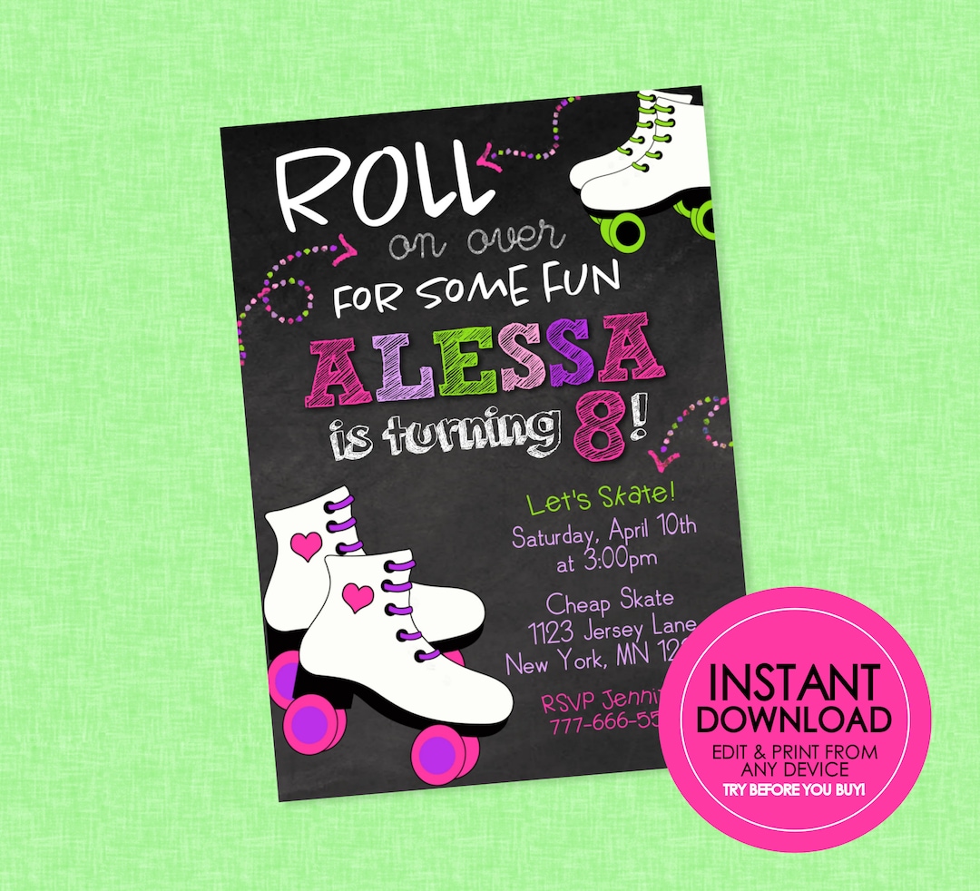 Girl Roller Skating Birthday Invitation EDITABLE INSTANT DOWNLOAD Roller Skate, Skating Birthday