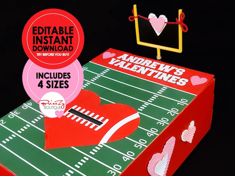 Printable Valentines Football Field For Box - EDITABLE INSTANT DOWNLOAD - Football Valentine, Valentines Box, Football Valentines, Field image 1