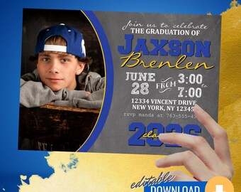 May include: A graduation invitation with a blue and yellow color scheme. The invitation features a photo of a young man wearing a blue baseball cap. The text on the invitation reads "Join us to celebrate the graduation of Jaxson Brenlen June 28 from 3:00 to 7:00 12334 Vincent Drive New York, NY 12345 rsvp manda at 763-555-43 Class of 2023".