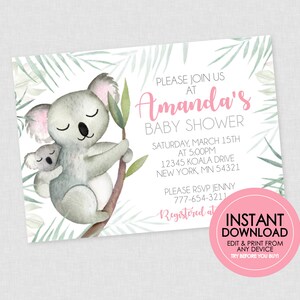 Koala Baby Shower Invitation  - INSTANT DOWNLOAD - Edit & Print From Any Device,  Koala Baby Shower, Tropical, Invites, Mama Koala Bear