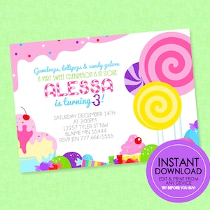 Candy Birthday Invitation - EDITABLE INSTANT DOWNLOAD - Candyland Birthday Invite, Candy Birthday, Sweet Shop Party Invite, Candy Land