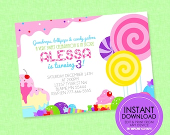 Candy Birthday Invitation - EDITABLE INSTANT DOWNLOAD - Candyland Birthday Invite, Candy Birthday, Sweet Shop Party Invite, Candy Land