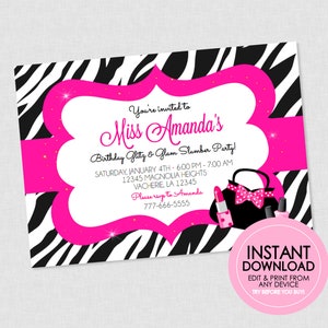 Glitz and Glam Zebra Birthday Invite - INSTANT DOWNLOAD - Edit & Print From Any Device, Glam Birthday, Makeover, Sleepover, Pink and Zebra