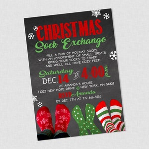 Sock Exchange Christmas Invitation, Holiday Socks Exchange Invites, Christmas Sock Trade, Sock Exchange Party Invitations, Sock Exchange