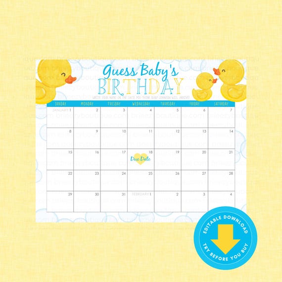 Guess Baby's Birthday Rubber Duck Shower Game (Editable Digital Download) - Ducky Baby Shower Games, Duckie, Due Date Calendar