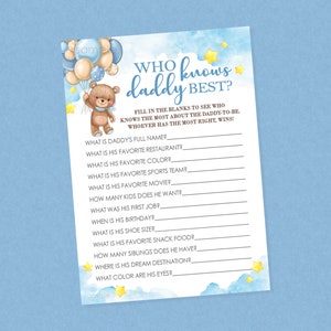 Orso che conosce meglio papà - Miglior gioco per baby shower - DOWNLOAD IMMEDIATO - Giochi per baby shower con orsi, Chi conosce meglio papà, Aspetta con ansia, Nuvole, Palloncini