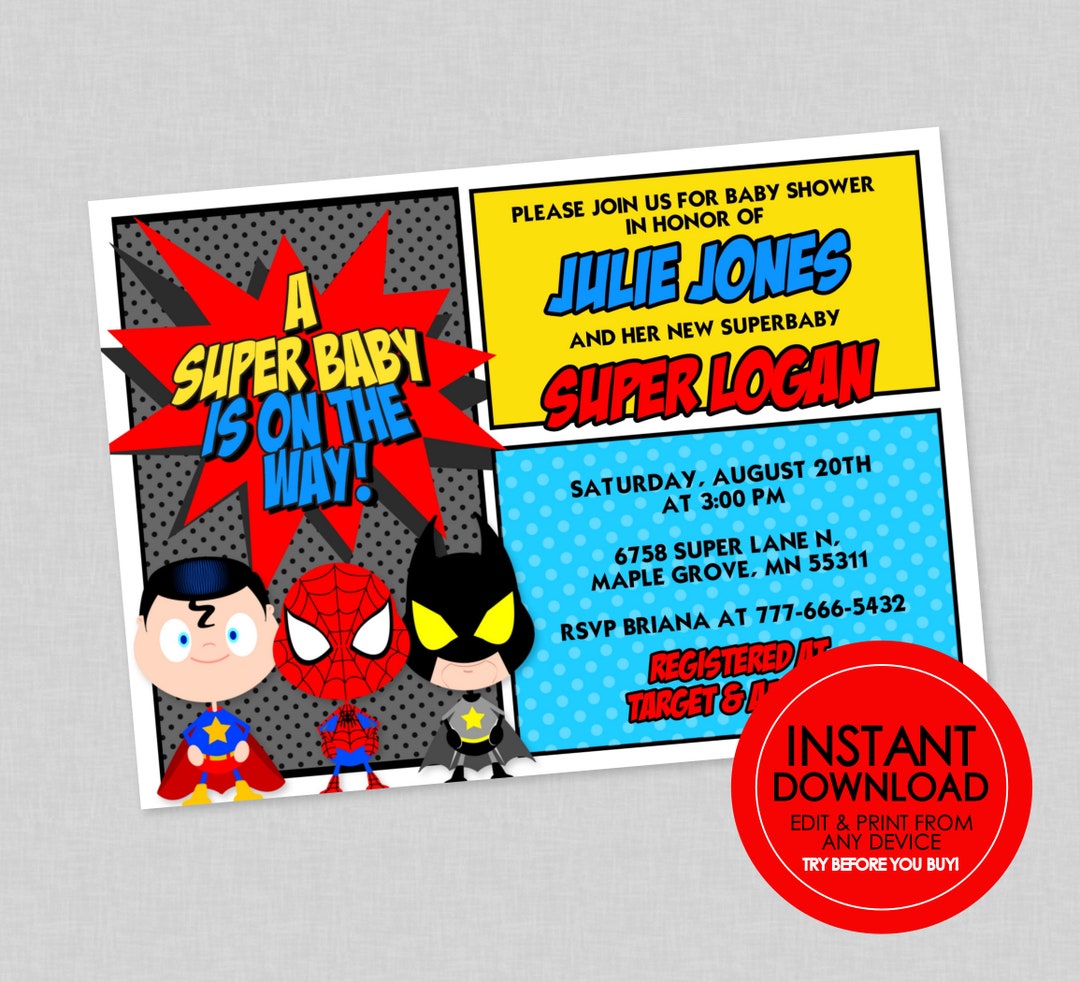Superhero Baby Shower Invitation EDITABLE INSTANT DOWNLOAD Super Hero