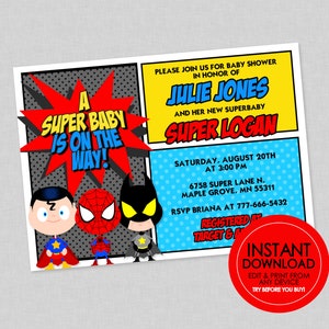 Invitación para baby shower de superhéroe - DESCARGA INSTANTÁNEA EDITABLE - Invitación para baby shower de superhéroe, superhéroes, niño, cómic