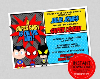 Superhero Baby Shower Invitation - EDITABLE INSTANT DOWNLOAD - Super Hero Shower Invite, Superheros, Boy, Comic