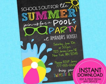 School is Out Summer Pool Party Chalkboard Invitation - EDITABLE INSTANT DOWNLOAD - End of School Party, End of School Invite, Pool Party