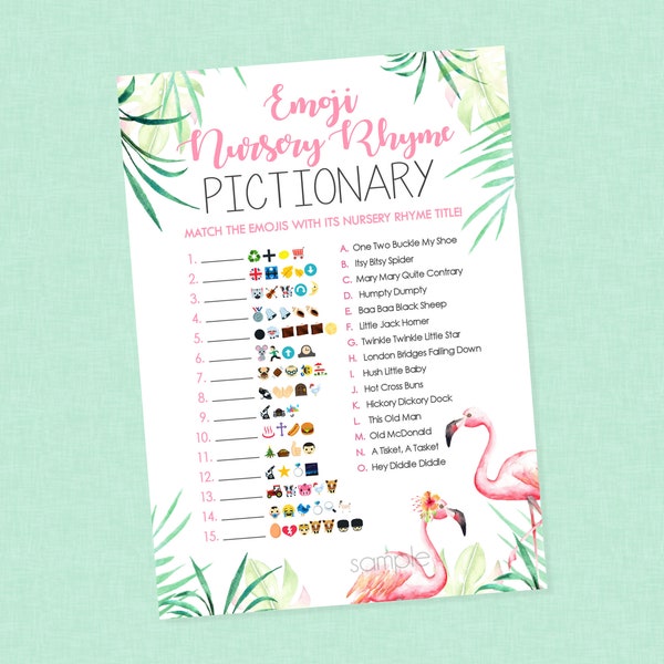 Emoji Nursery Rhyme Flamingo Shower Game - INSTANT DOWNLOAD - Flamingo Baby Shower Games, Flamingo Baby Shower, Emoji Pictionary, Emoji