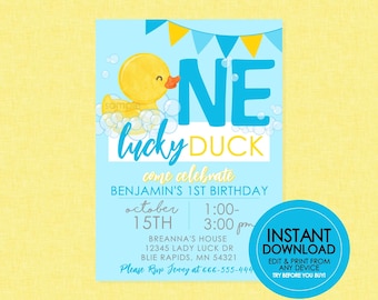 Blue One Lucky Duck Watercolor Rubber Ducky Birthday Invitation - EDITABLE INSTANT DOWNLOAD - Duck, One, Duck 1st Birthday Invitations