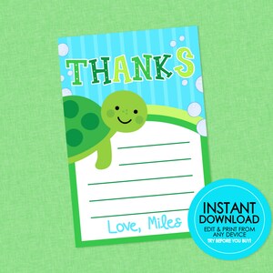 Turtle Birthday Thank You - EDITABLE INSTANT DOWNLOAD - Turtle Thank You Card, Under The Sea, Thank You Notes, Turtle Birthday