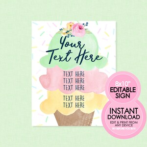 Placa editável para festa com sorvete em aquarela - Crie quantas quiser - Cardápio, cupcake, lembrancinhas, números de mesa, livro de visitas e muito mais