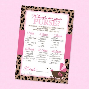 Leopard What&#39;s In Your Purse Baby Shower Game - INSTANT DOWNLOAD - Baby Girl Shower Games, Leopard Baby Shower, Girl, Pink