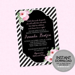 Diamond and Pearls Bridal Shower Invitation -EDITABLE INSTANT DOWNLOAD - Diamond & Pearl Shower, Elegant, Floral, Black and White, Pink