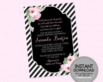 Diamond and Pearls Bridal Shower Invitation -EDITABLE INSTANT DOWNLOAD - Diamond & Pearl Shower, Elegant, Floral, Black and White, Pink