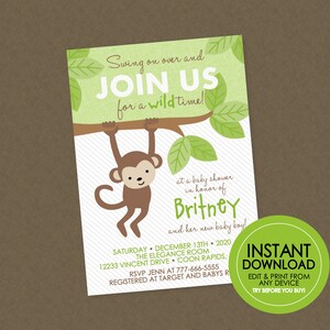 Monkey Baby Shower Invitation - EDITABLE INSTANT DOWNLOAD - Monkey Shower Invites, Jungle Shower Invite, Safari Baby Shower, Boy, Green