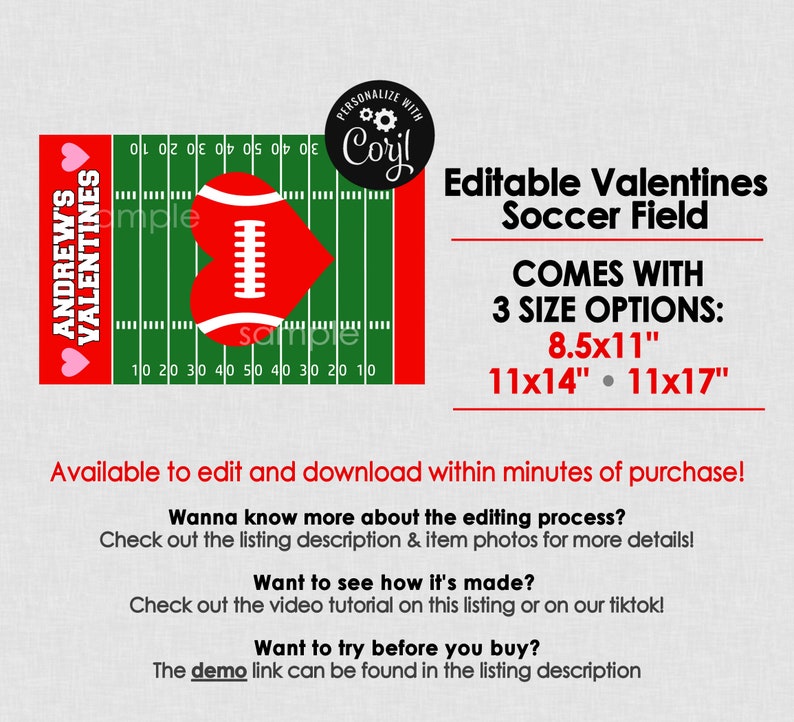 May include: A Valentine's Day-themed soccer field design with a heart-shaped football in the center. The design includes the text "Andrew's Valentines" and is available in three sizes: 21.6x28cm, 28x35.5cm, and 28x43cm.