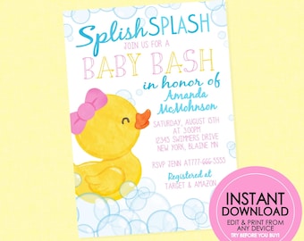 Girl Rubber Duck Baby Shower Invitation - EDITABLE INSTANT DOWNLOAD - Ducky Baby Shower Invites, Duckie, Pink