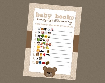 Teddy Bear Baby Book Emoji Pictionary Shower Game - INSTANT DOWNLOAD - Bear Baby Shower Games, Emoji Guessing Game, Tan & Brown