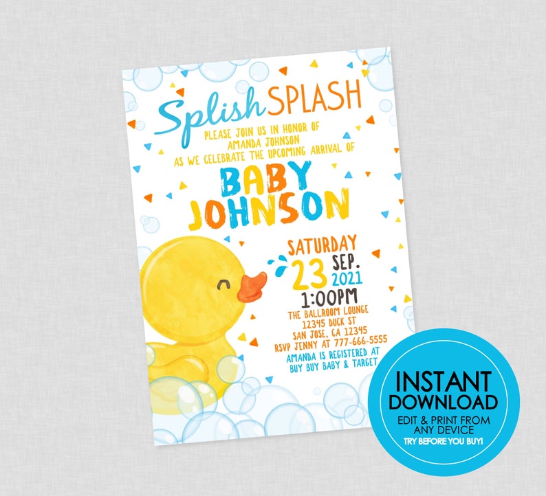 Rubber Duck Baby Shower Invitation EDITABLE INSTANT DOWNLOAD - Etsy
