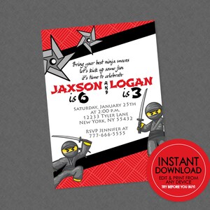 Ninja Birthday Invitation For 2 Boys - EDITABLE INSTANT DOWNLOAD - Ninja Double Birthday Invite, Ninja Birthday, Double Party, Sibling Party