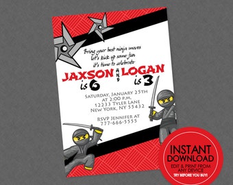 Faire-part d'anniversaire Ninja pour 2 garçons - MODIFIABLE TÉLÉCHARGEMENT IMMÉDIAT - Invitation double anniversaire Ninja, anniversaire Ninja, fête double, fête des frères et sœurs