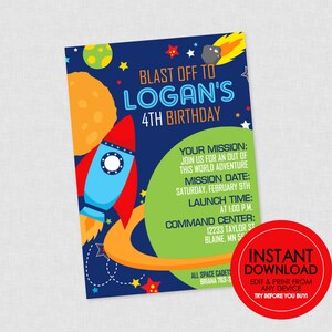 Outer Space Birthday Invitation - EDITABLE INSTANT DOWNLOAD - Space Party Invite, Rocket Birthday Invites, Space Birthday, Rocketship