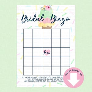 Op de afbeelding: Een afdrukbare Bridal Bingo-spelkaart met een kleurrijke ijsje-illustratie bovenaan. De kaart heeft een raster van lege vierkanten, een "Gratis" ruimte en instructies onderaan. Een roze cirkel met een pijl naar beneden en de woorden "Direct downloaden" staat rechtsonder.