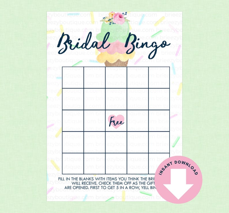 Op de afbeelding: Een afdrukbare Bridal Bingo-spelkaart met een kleurrijke ijsje-illustratie bovenaan. De kaart heeft een raster van lege vierkanten, een "Gratis" ruimte en instructies onderaan. Een roze cirkel met een pijl naar beneden en de woorden "Direct downloaden" staat rechtsonder.